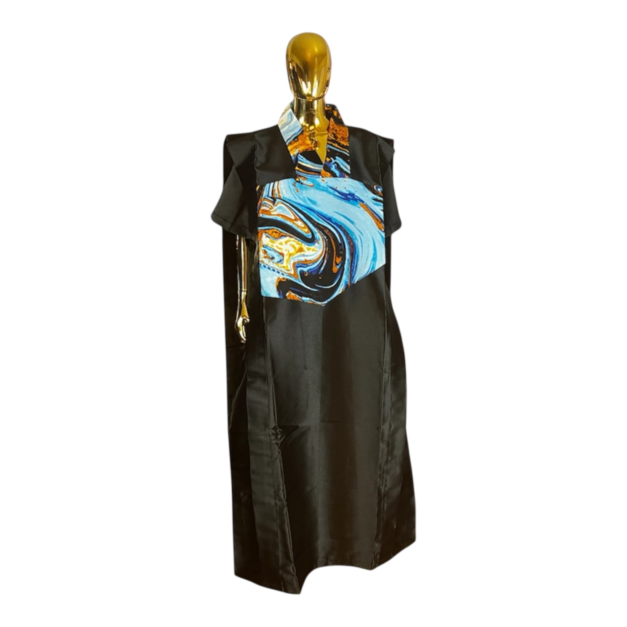 Luxury Black Mikado Boubou with Ankara Print Accent